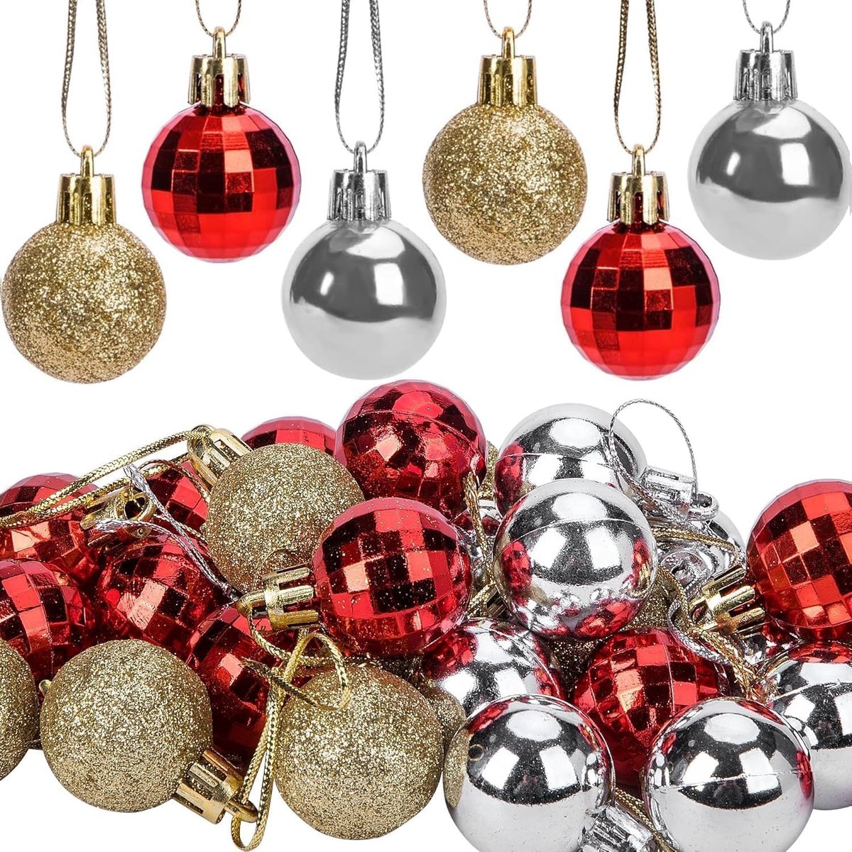 Kleine Kerstballen in Rood, Goud en Zilver - 12 Mini Kerstversieringen van 3 cm voor Bomen, Kransen en Thuisdecoratie