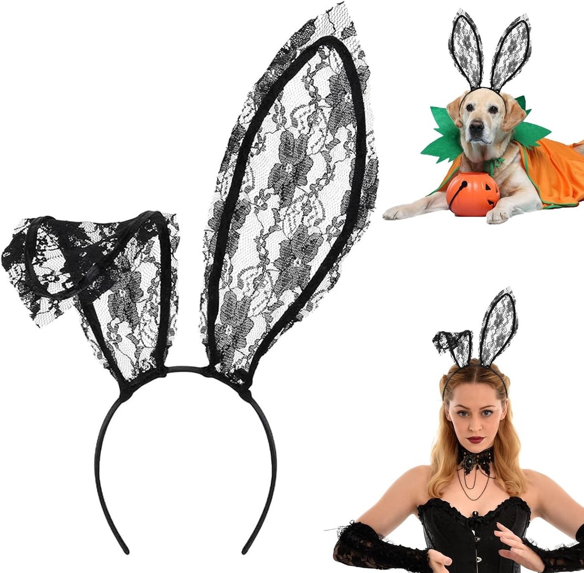 Zwarte Kanten en Witte Pluche Konijnenoren Haarband voor Halloween Kostuumaccessoires voor Kinderen en Volwassenen