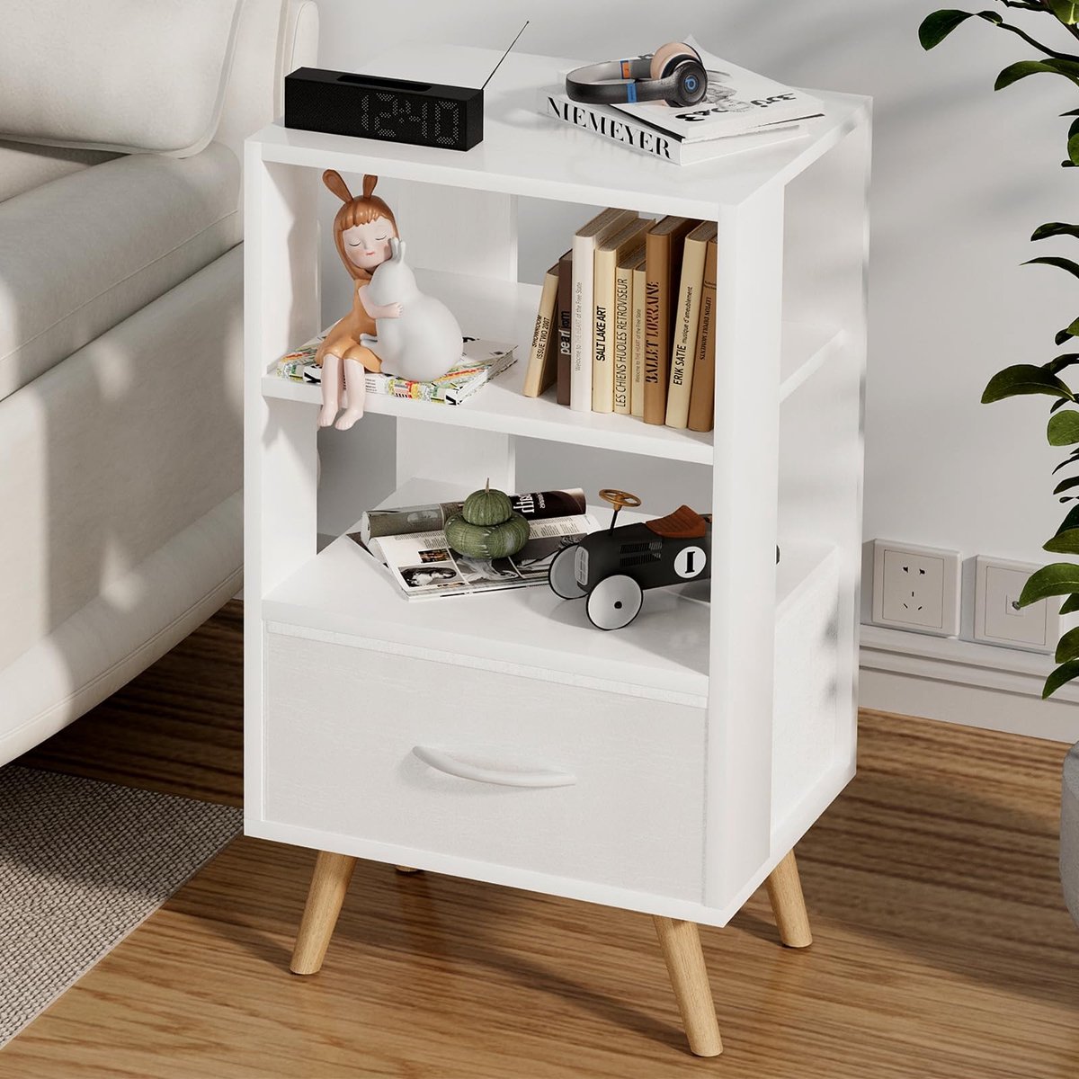 Bedside Table - Wit met lade - 3-laags opbergtabel