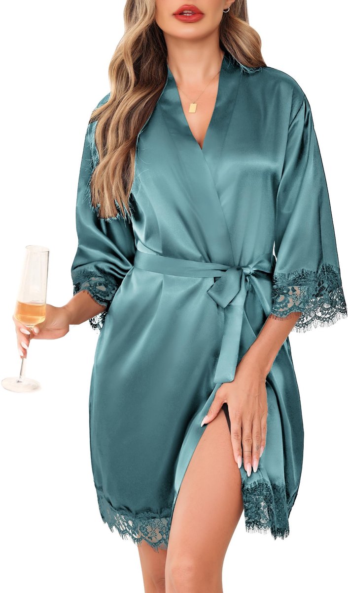 Satin Kimono Badjas met Kant - B-grey-green
