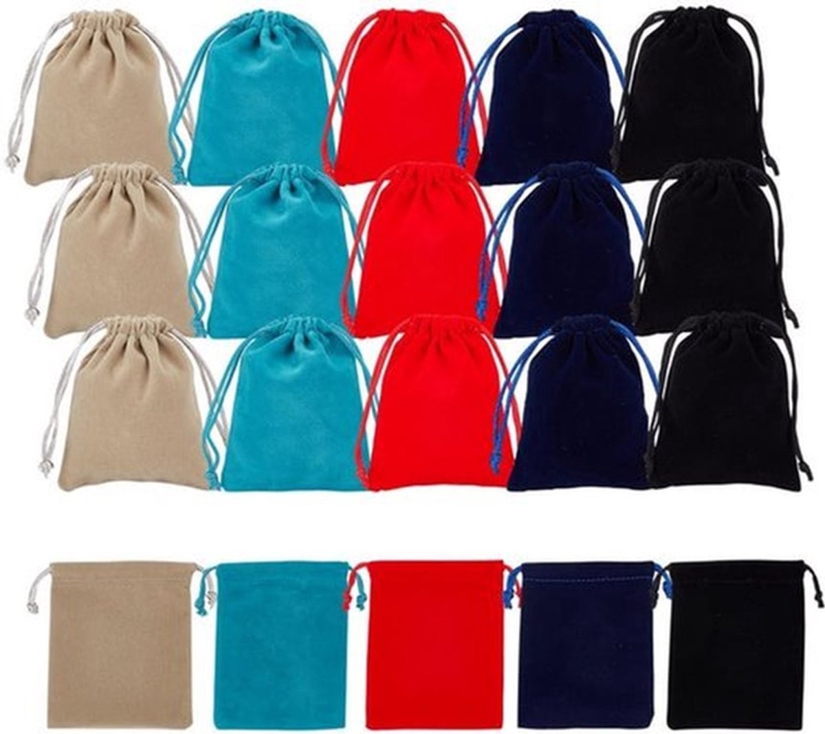 Verpakkingszakken van Fluweel - Set van 20 - 5 Kleuren - Zachte Trekkoord Juwelen Tas - 10 x 8 cm