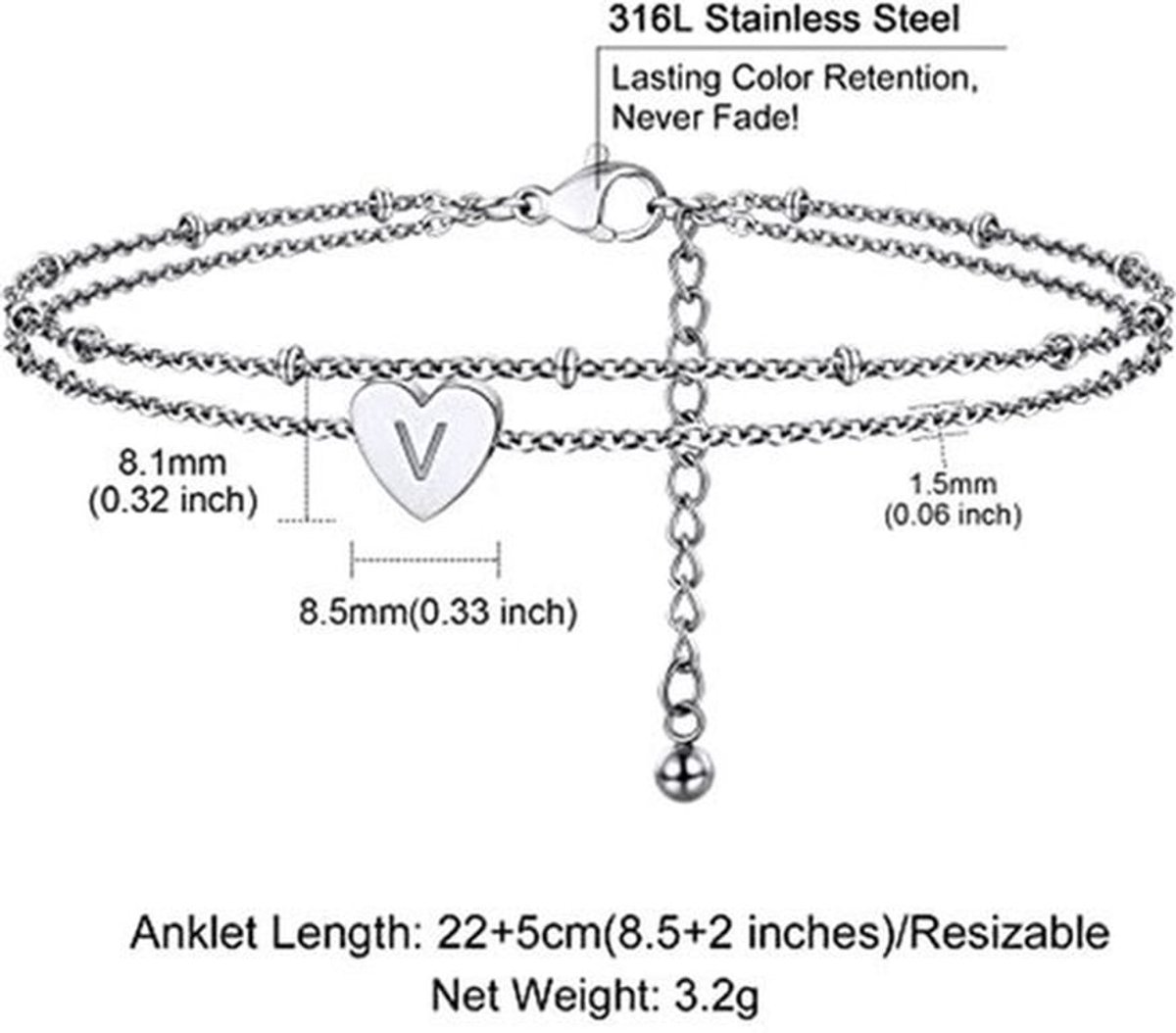 Vrouwen Enkelbandje A-Z Met Dubbele Ketting - Hart Pendant Levering - Roestvrij Staal Goud/Zilver 22 cm