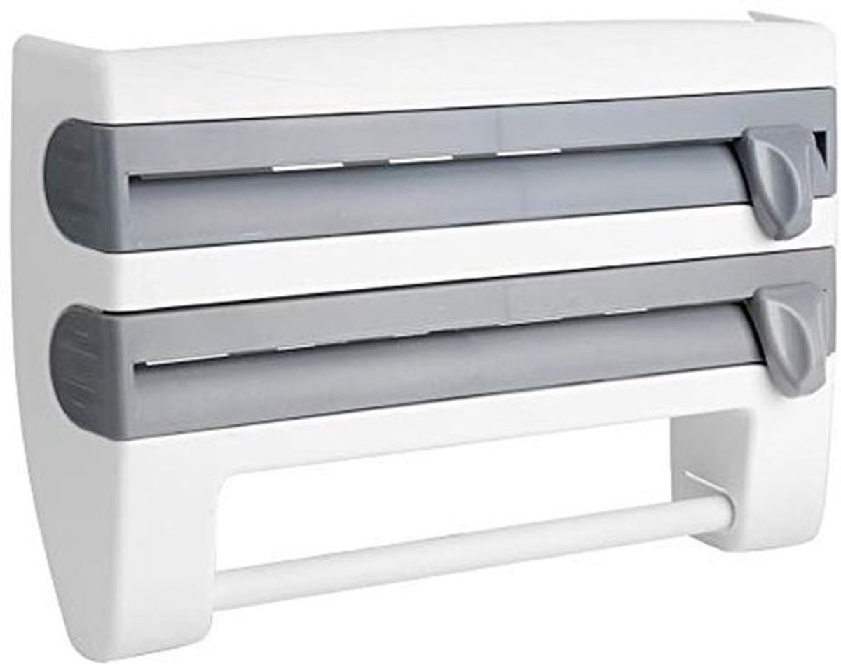 Keukenroldispenser met film- en kruidensnijder, voor aluminiumpapier, transparante folie en keukenhanddoek, 39 x 10 x 24 cm (grijs-blauw)