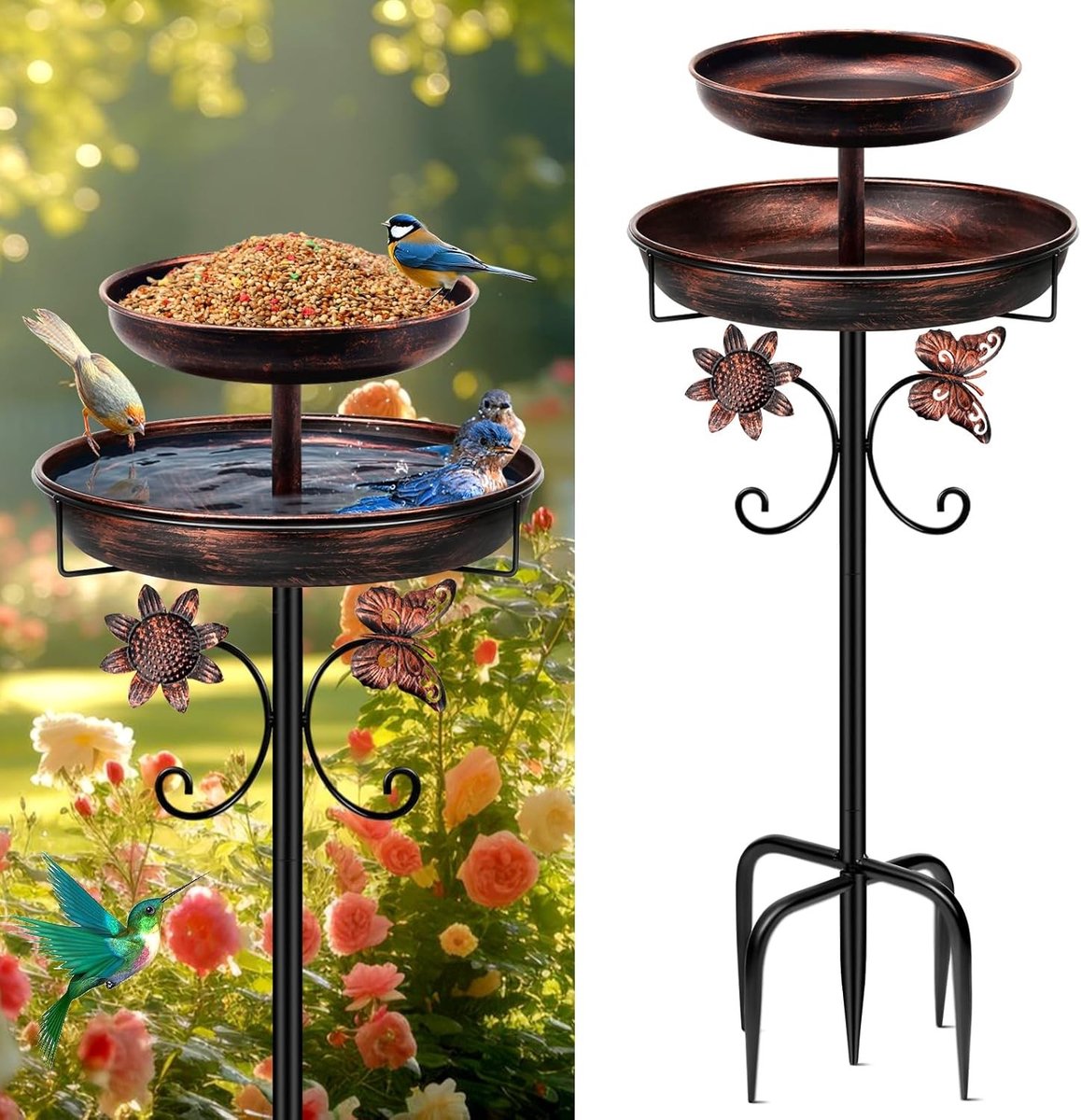 Stijlvolle Vogel Drinkbak en Bad voor Buiten - 2-in-1 Metalen Waterbak voor Vogels, Winterbestendig en Antiek Design