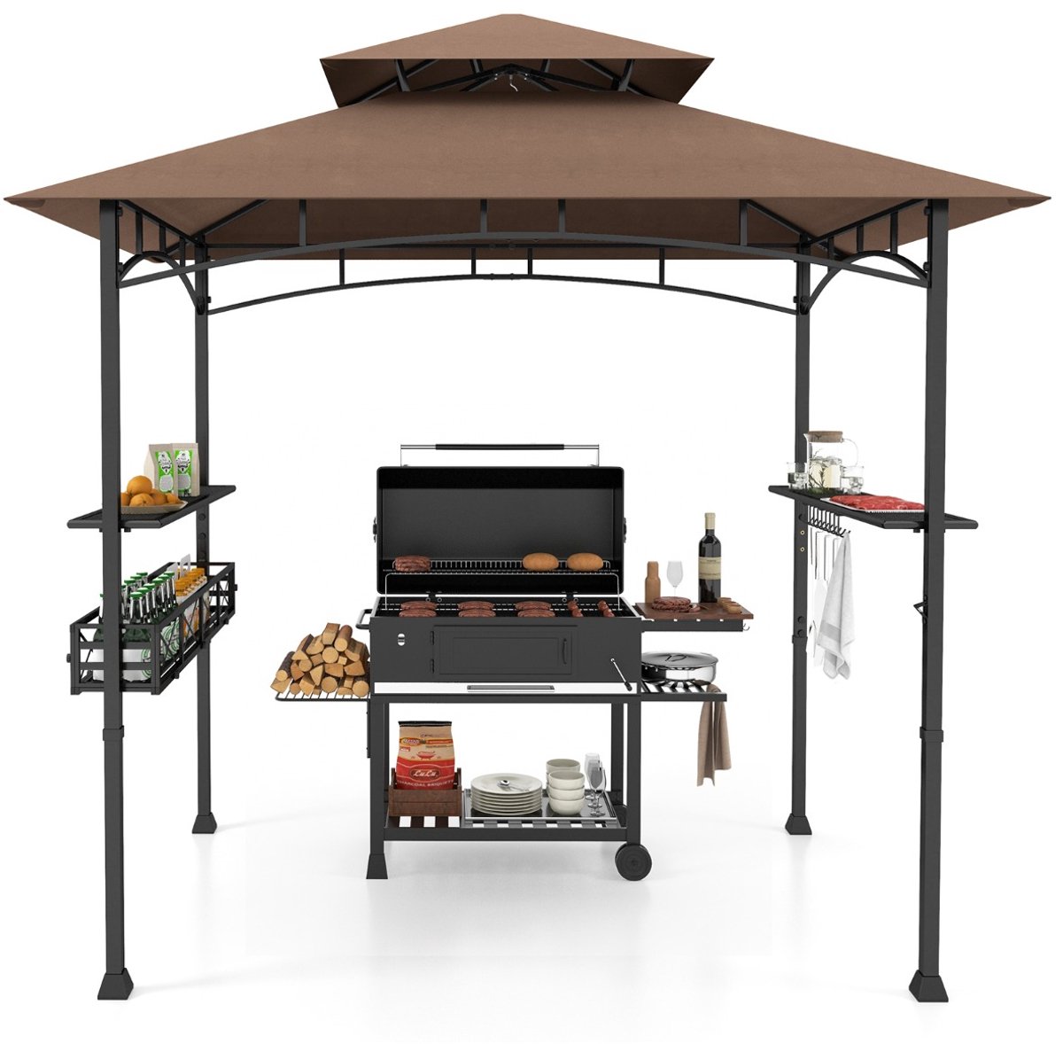 SureDeal® - Kamper - Grillpaviljoen - Dubbel Dak - Zijkasten - Metalen Mand Grilloverkappingen - 242x153x250 cm - Koffiebruin