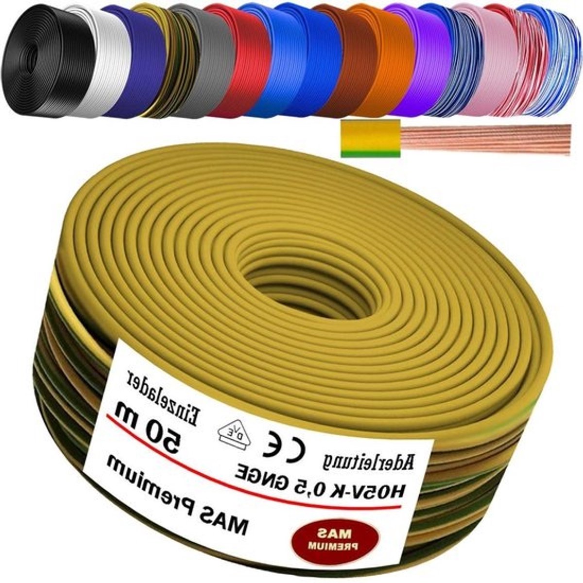Aderkabel H05 V-K - Enkele kabel flexibel - Elektrische installatie - Meerdraads koper - 50 meter - Groen/geel