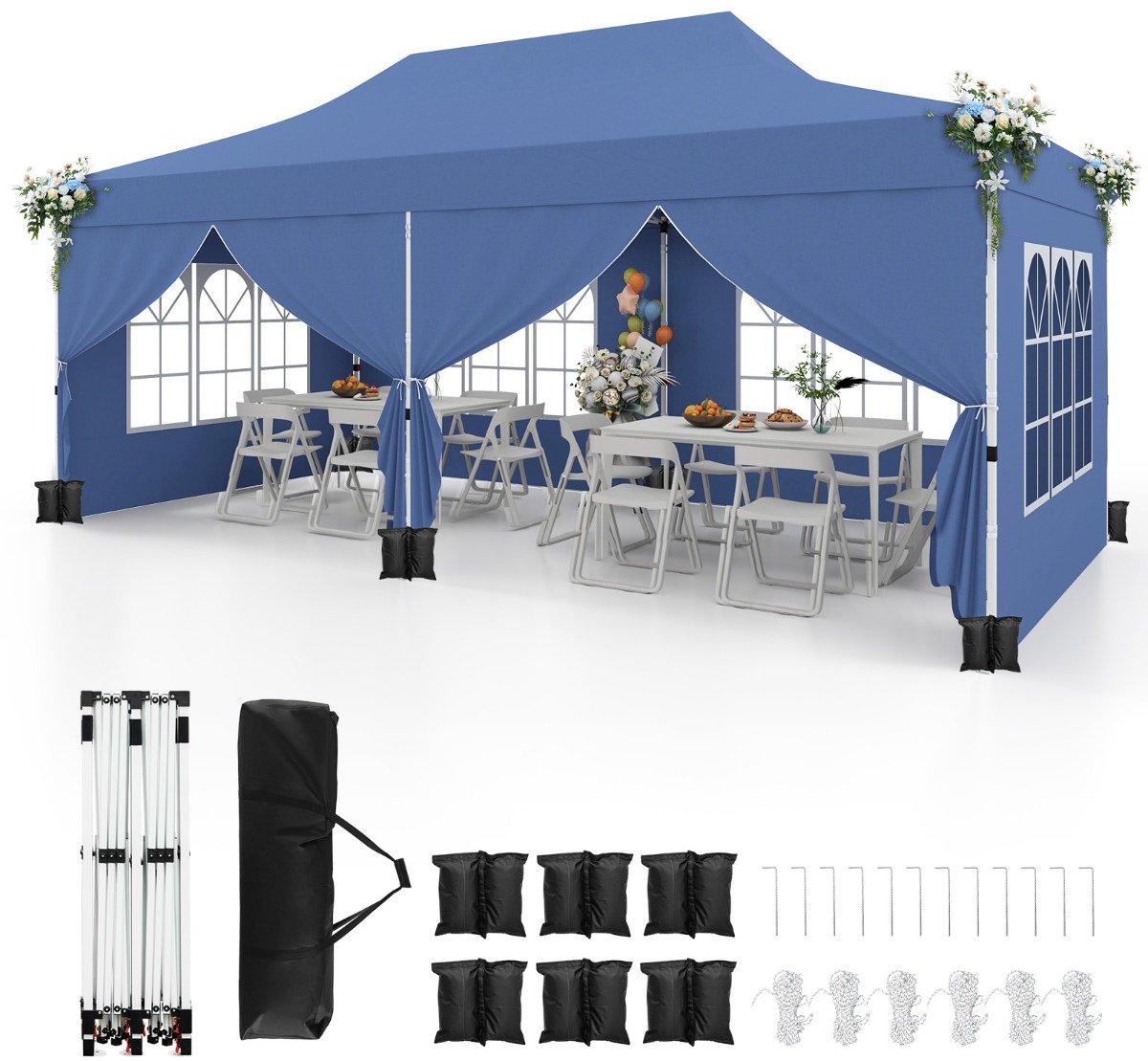 SureDeal® - Partytent - Afneembare Zijwanden Paviljoen - Draagtas - UPF Tuinpaviljoen - Feest Bruiloft - 600x300x296 cm - Blauw