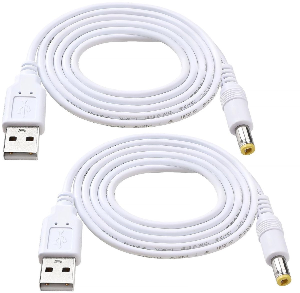 2 Stuks 1m 22AWG USB naar 5V DC Kabel, 5.5x2.5mm Stekker voor LED Verlichting, Bureau Lampen en Ventilatoren, Wit