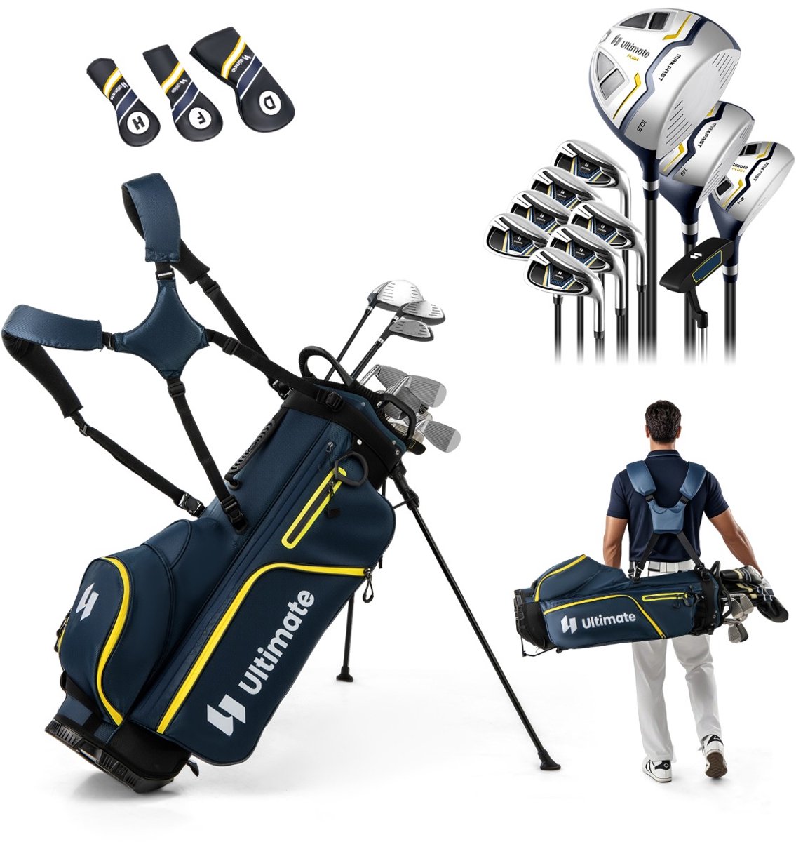 SureDeal® - Golf - Complete Golfclubs - Heren Draagbare Golftas - Statief Driver Hybride - Geel + Marineblauw