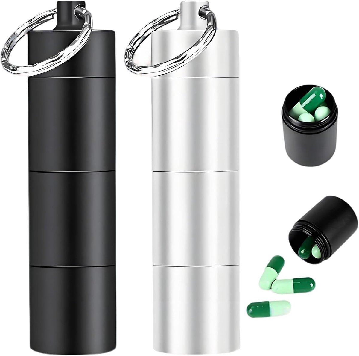 Pillendoos sleutelhanger - Waterdichte mini tablettenbox met 3 vakken voor onderweg, compact en praktisch (zwart, zilver)