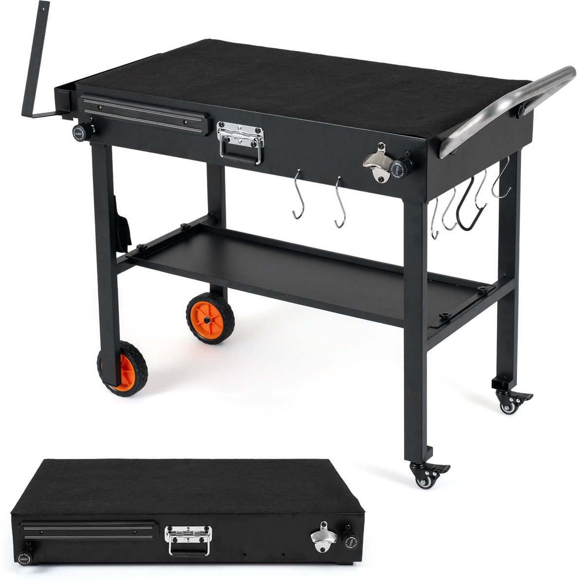 SureDeal® - Kamper - Opvouwbare Grillwagen Draagbare - Wielen Grillstandaard - Werkblad - Hittebeschermmat - 104x52x81 cm - Zwart