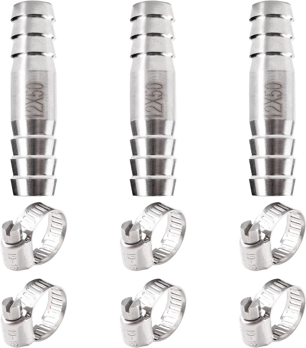 Set van 3 Stuks 12mm 2-Weg Slangconnectoren van RVS met 6 Slangklemmen voor Water, Gas en Lucht