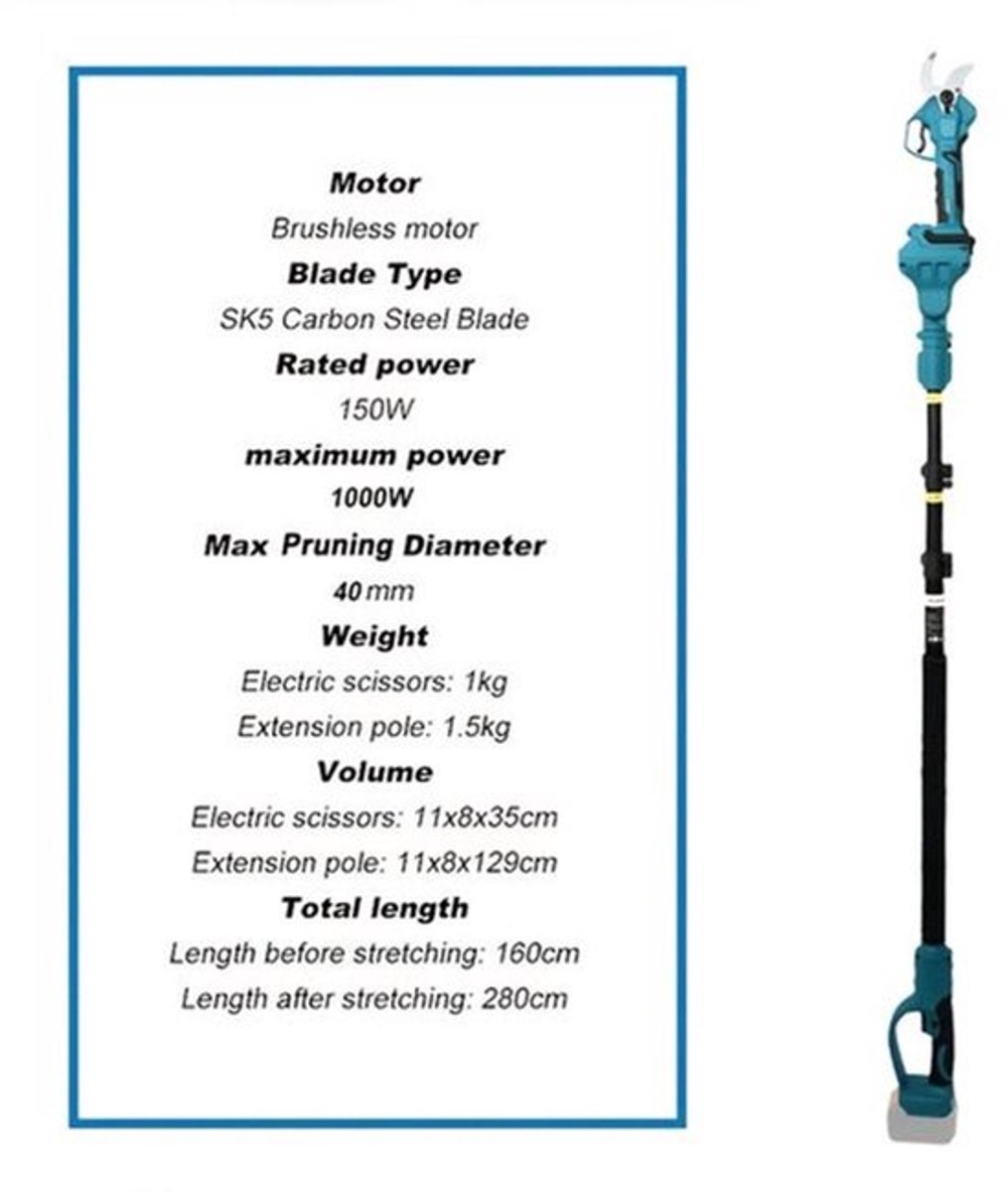 Elektrische Snoeischaar – Draadloze Snoeischaar – Tuinschaar – Snoeigereedschap – 1300 mAh Accu – Roestvrijstalen Messen – Verlengstok 2,5 Meter - met 1 batterij