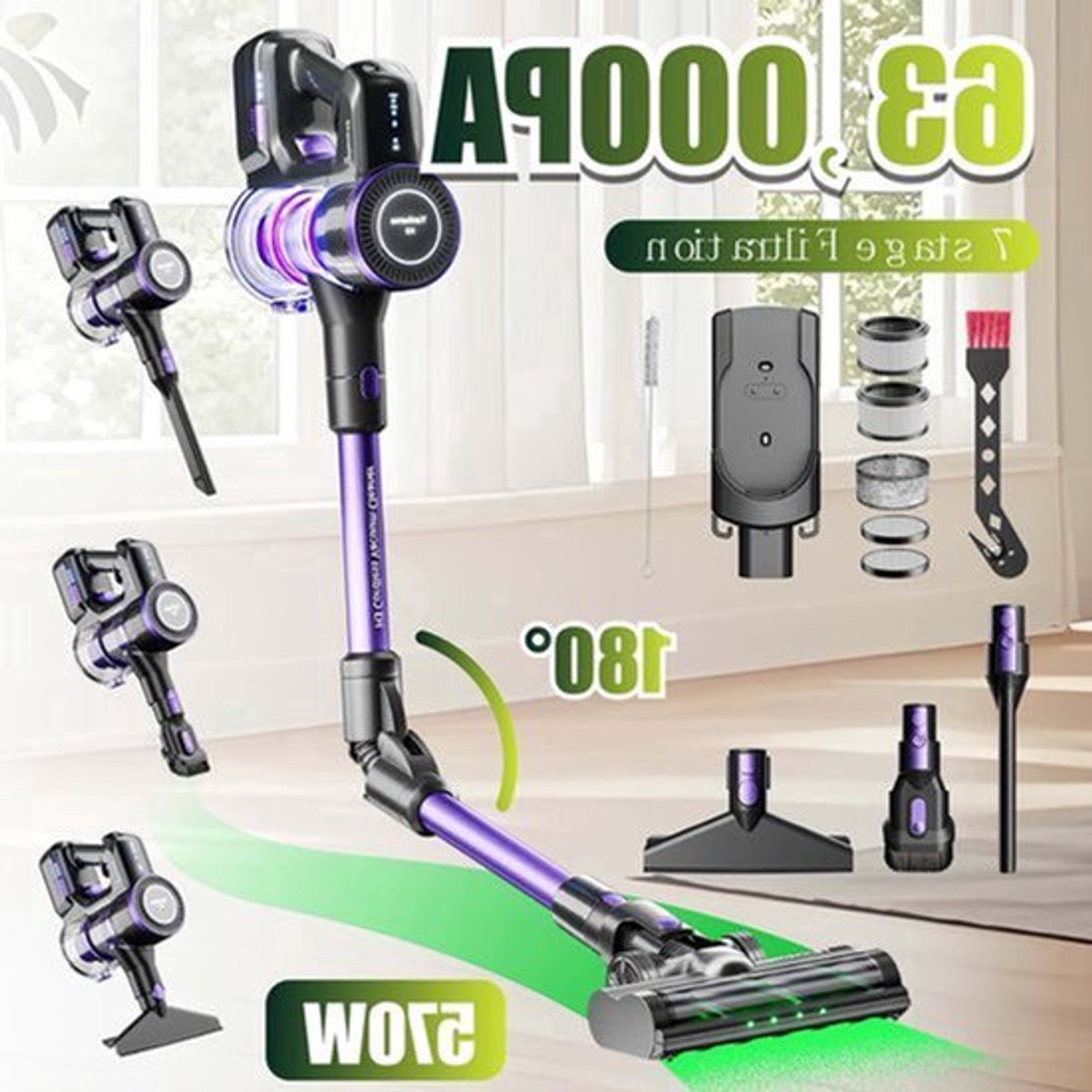 Yanhama H3 Wireless Vacuum Cleaner, Handheld Vacuum Cleaner, 7-level Filtration System, 180° Flexible Steering, Compatible with Multiple Accessories for Various Scenarios. Deep Cleaning Of Household, Pet Hair, Sofa And Floor