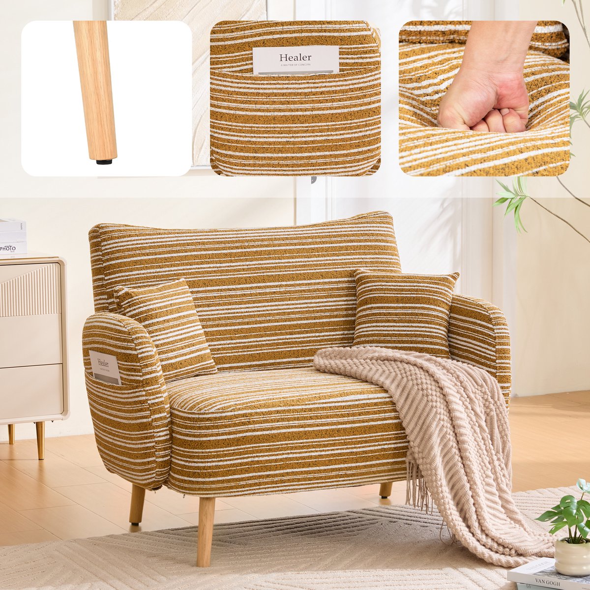 Moderne tweezitsbank - supercomfortabele armleuningen met kussens - handige opbergtas - diepe zitting - ideaal voor de slaapkamer - mosterdgeel bouclé