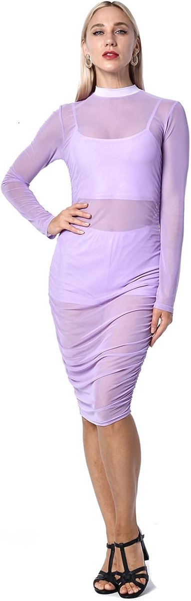 3-Pack Dames Sexy Outfit met Doorzichtig Mesh Midi Jurken, Crop Tops en Dunne Shorts voor Feestjes
