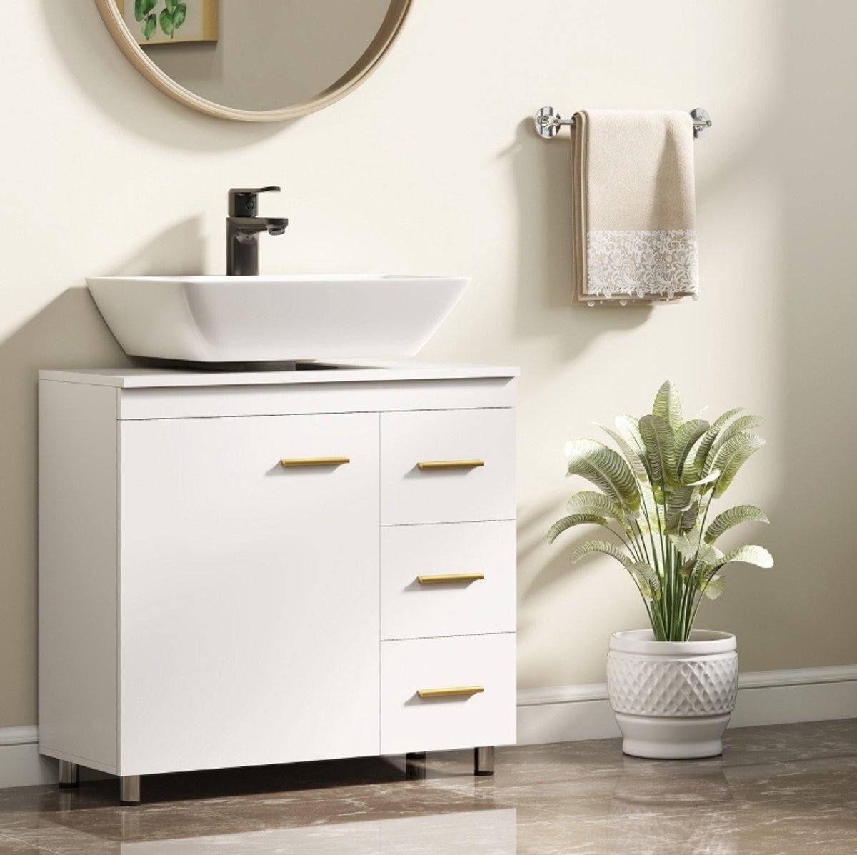 Badkamerkast Onder Wastafel - 3 Lades En 1 Deur - Soft-Close - Voor Badkameropslag - MDF En Spaanplaat Wit - 70 x 30 x 65 cm