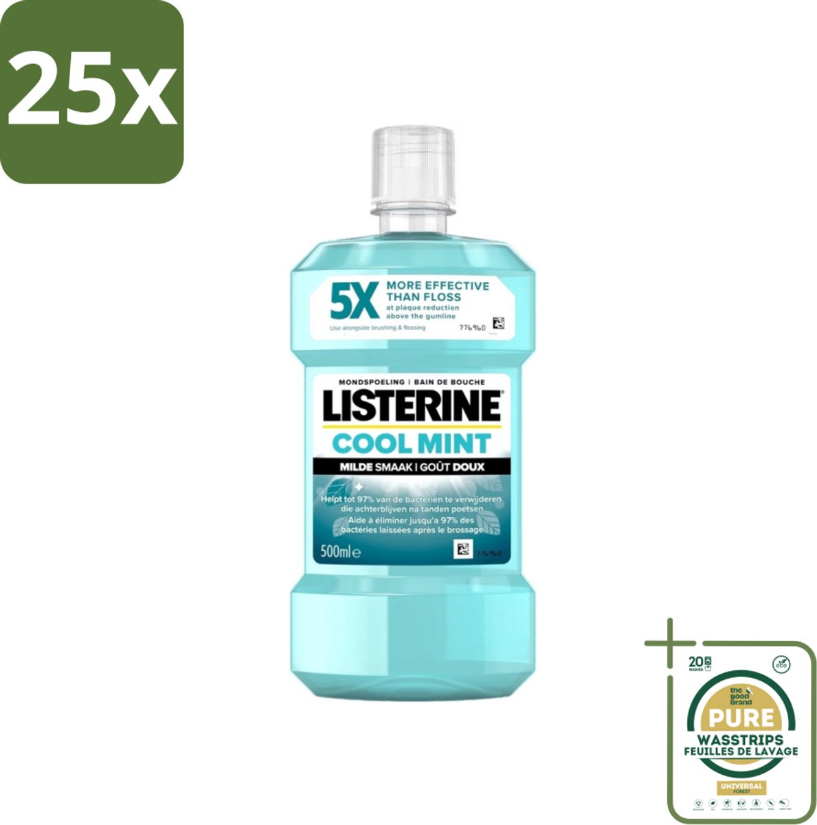 25 x Listerine - Mondwater - Cool Mint - Milde Smaak - 500 ml - Grootverpakking - Mondspoeling - Mondwater - Mondhygiëne - Tandplak - Tandvlees