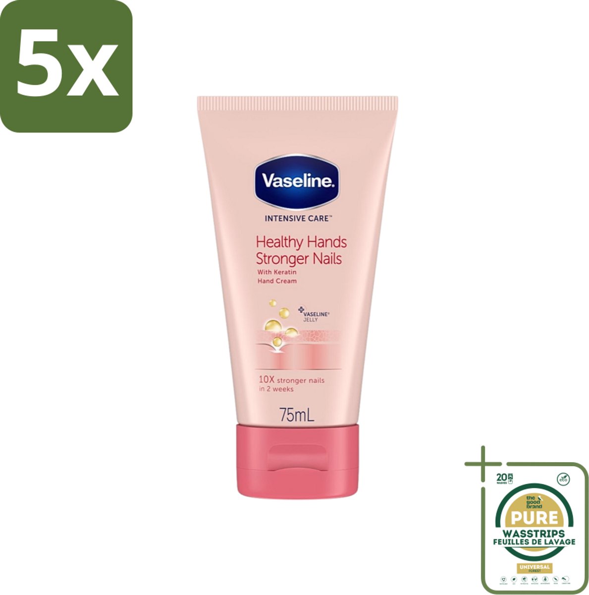 5 x Vaseline - Healthy Hands & Stronger Nails - Handcrème - Versterkend - 75 ml - Grootverpakking - Handcrème - Handen Verzorgen - Nagels Versterken - Keratine - Hydratatie
