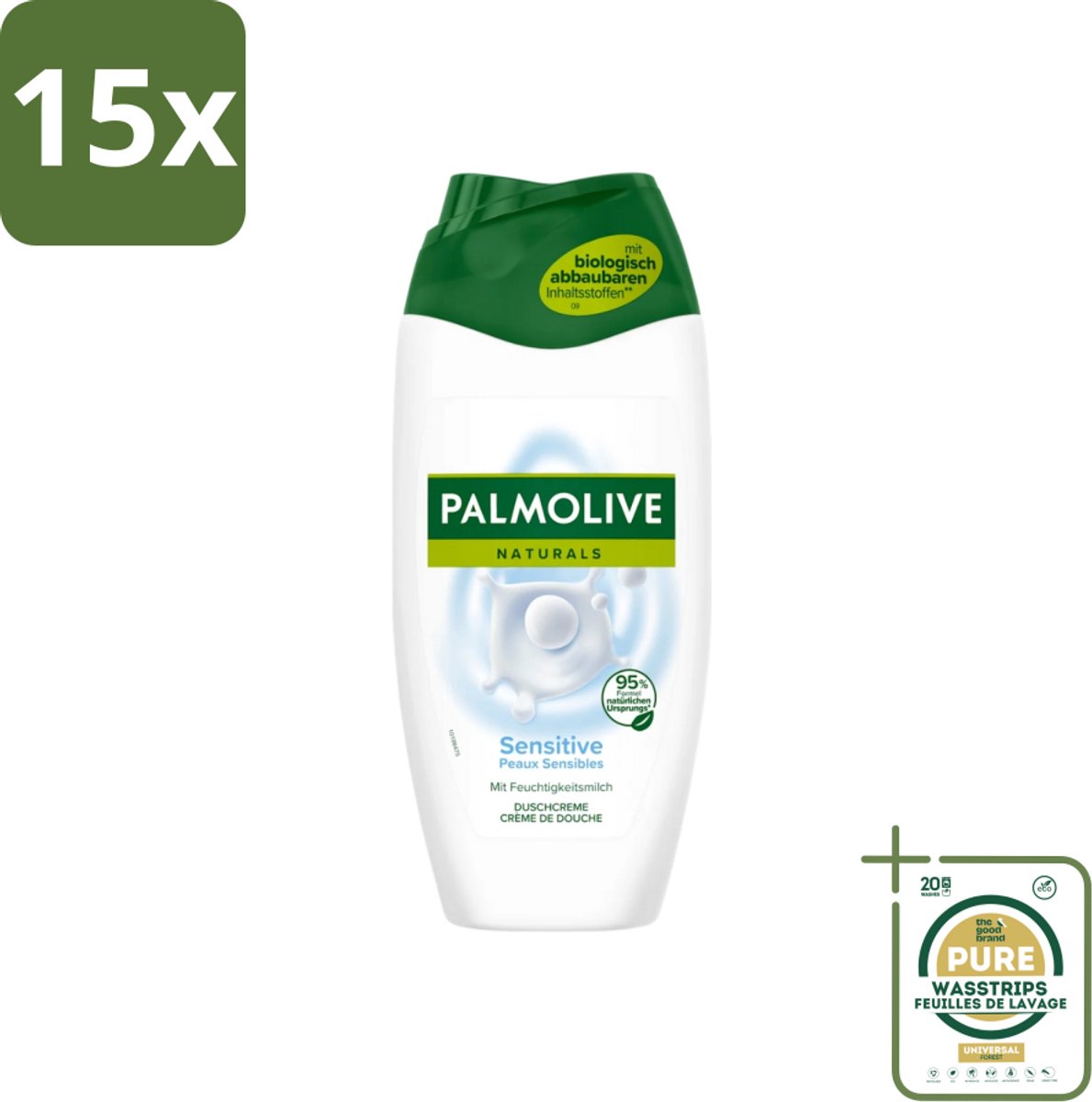 15 x Palmolive Naturals - Douchegel - Sensitive - Voor Gevoelige Huid - 250 ml - Grootverpakking - Gevoelige Huid - Douchegel - Melkproteïnen - Zachte Douchegel - Natuurlijke Vochtbalans