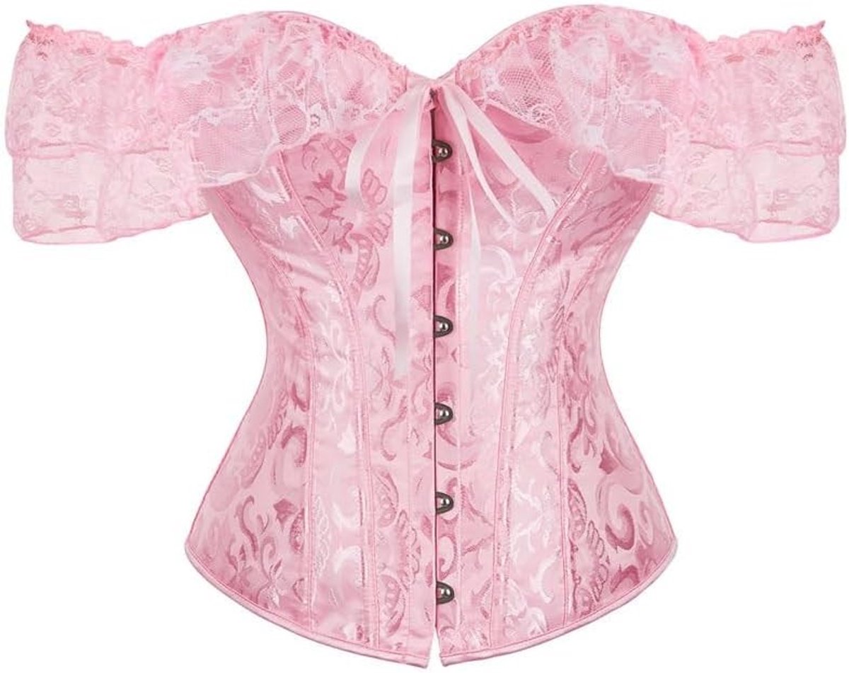 Vintage Off Shoulder Bloemenkant Corset Top voor Dames met Mouwen en Ondersteuning - Elegante Lingerie met Taillebeugels en Overbust Design