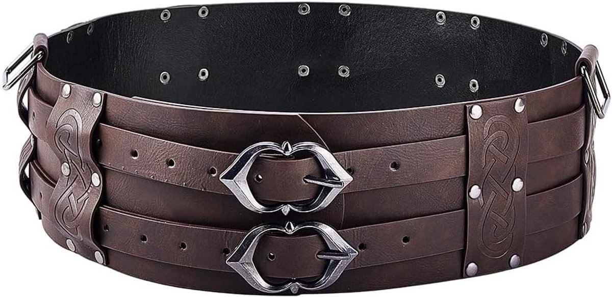 Brede PU Leren Viking Geëmbossede Harnasriem voor Middeleeuwse Ridders, Verstelbare Renaissance Corsetriem in Vintage Kokosbruin met Gespen voor LARP en Halloween