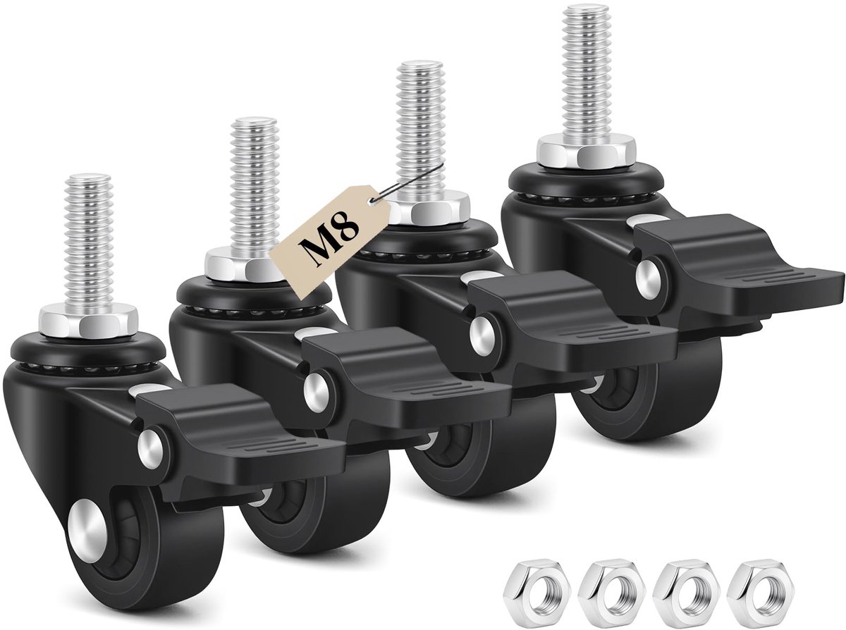 Humagineer 25 mm zwenkwielen met rem, M8 x 1,25 x 20 mm, TPR-wielen voor kleine meubels, zwart, draagkracht 40 kg - ShopVlot