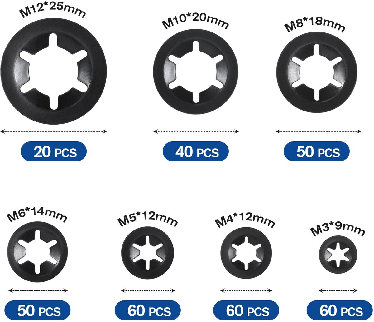 340 stuks borgringen, borgringen, binnentanden, snelsluiting, houdering, snap-assortiment, M3, M4, M5, M6, M8, M10, M12 - ShopVlot