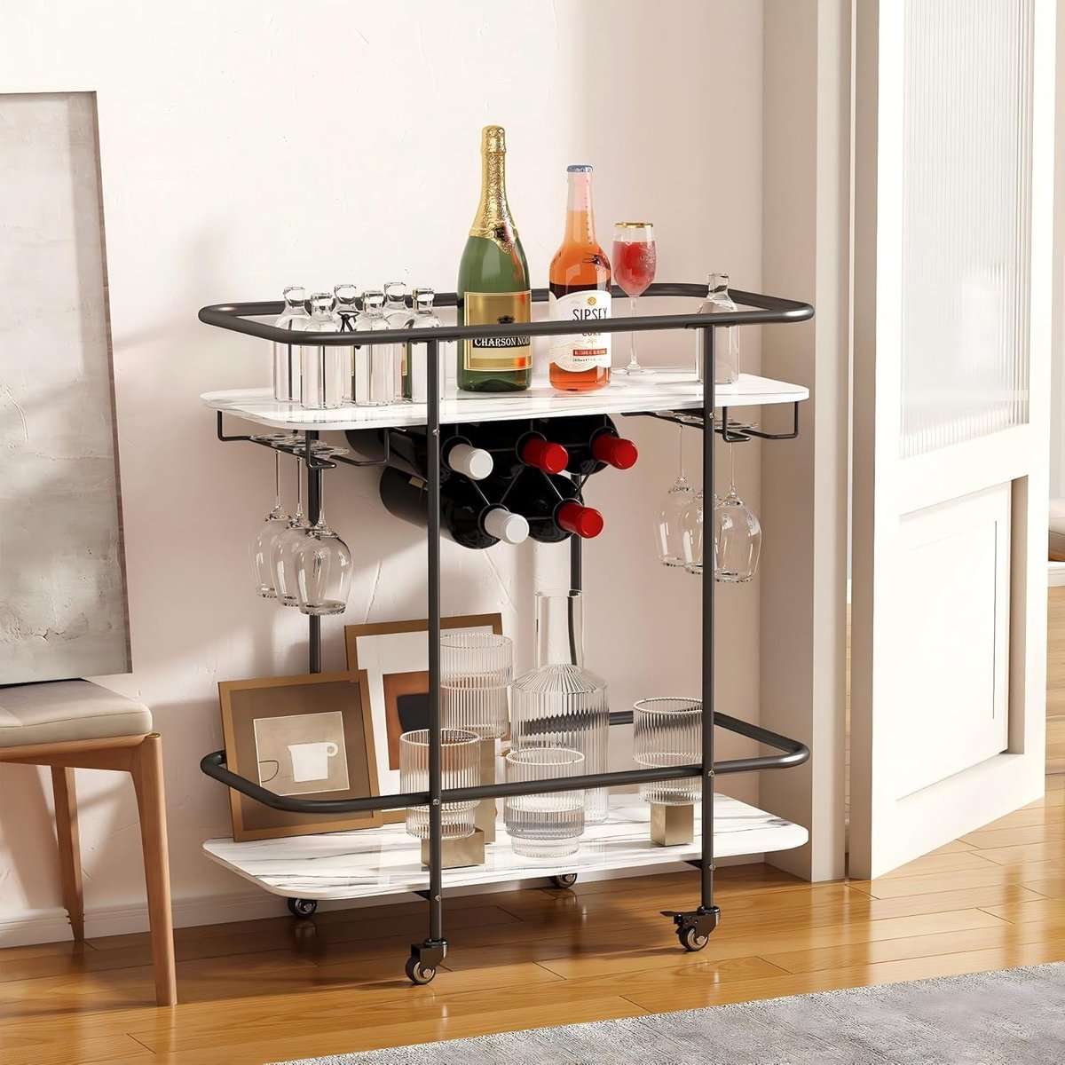 Mobiele 2-laagse drankentrolley met wijnrek en glazenhouder voor keuken en feestgebruik, modern en praktisch ontwerp