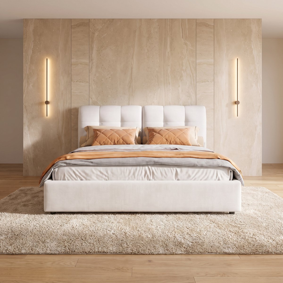 Gestoffeerd bed - 160x200 cm - Tweepersoonsbedden met Lattenbodem - Hydraulische Opbergruimte - LED Hoofdbord - Fluweel - Beige