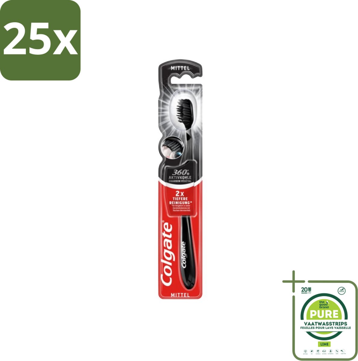 25 x Colgate - Tandenborstel - Charcoal Black 360 Medium - Zwart - 1 Tandenborstel - Grootverpakking - Tandenborstel - Houtskool - Tandenborstel Houtskool - Mondverzorging - Tandenborstel 360