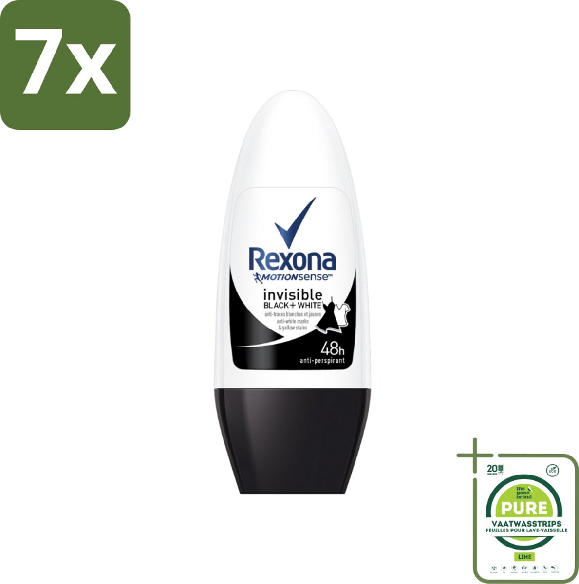 7 x Rexona - Invisible Black & White - Deo Roller - Anti-transpirant - 50 ml - Grootverpakking - Deodorant - Anti-transpirant - Vlekkenvoorkomend - 48 Uur Bescherming - Roll-on