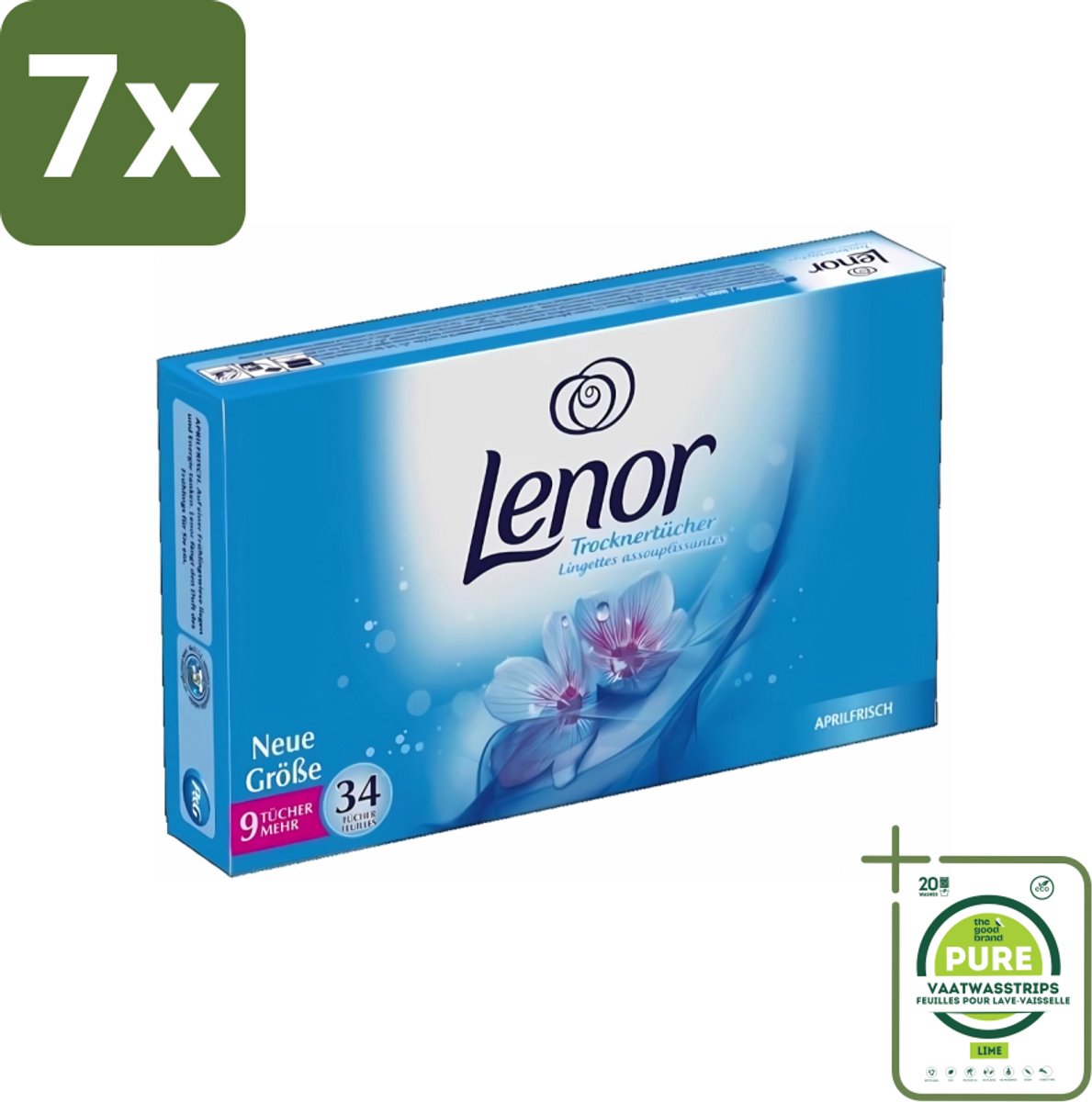 7 x Lenor - Droogtrommeldoekjes - Aprilfris - Textielverfrisser - 34 Doekjes - Grootverpakking - Droogtrommeldoekjes - Frisheid - Wasdoekjes - Statische Elektriciteit - Textielverfrisser