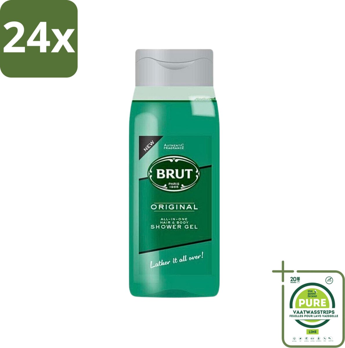 Brut - Douchemiddel - All in One Haar en Body - Original - Verzorgend & Verfrissend - 500ml - Voordeelverpakking - 24 stuks - Douchegel haar en lichaam - All in one douchegel