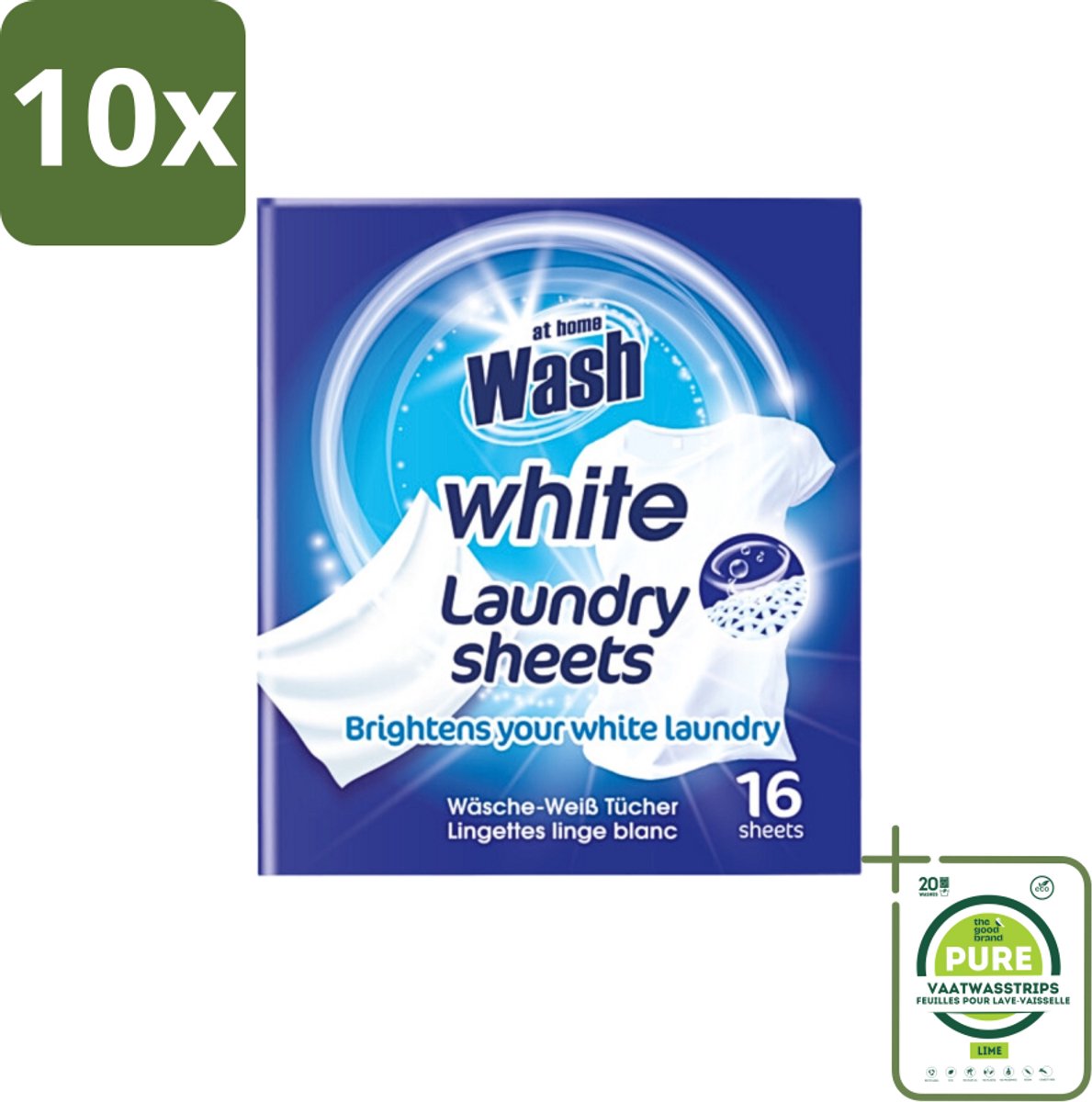10 x At Home - Wash - Wasdoekjes - Witte Was - Tegen Verkleuring - 12 Doekjes - Grootverpakking - Wasdoekjes - Witte Was - Verlichten Was - Stralende Was - Wasdoek