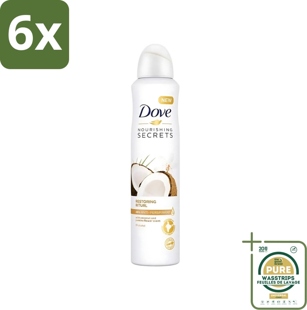 Dove - Deodorant - Coconut & Jasmine Flower - Tropisch en verzorgend - 250 ml - Voordeelverpakking - 6 stuks - Anti-transpirant spray - Zachte oksels