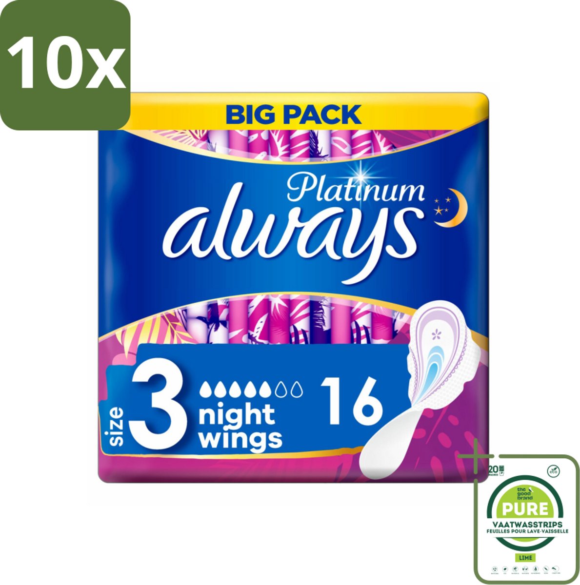 10 x Always Maandverband Platinum Ultra Night 16 stuks per verpakking - Grootverpakking - Maandverband Nacht - Nachtbescherming - Maandverband Ultra Night - Maandverband Voor Nacht - Maandverband Met Vleugels