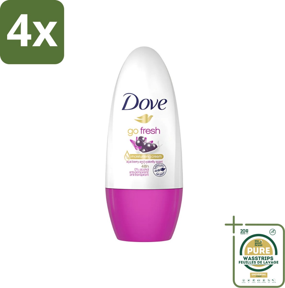 Dove - Deodorant - Roller Go Fresh Acai Berry & Waterlily - Frisse geur - 50 ml - Voordeelverpakking - 4 stuks - Anti-transpirant - Roll-on deodorant