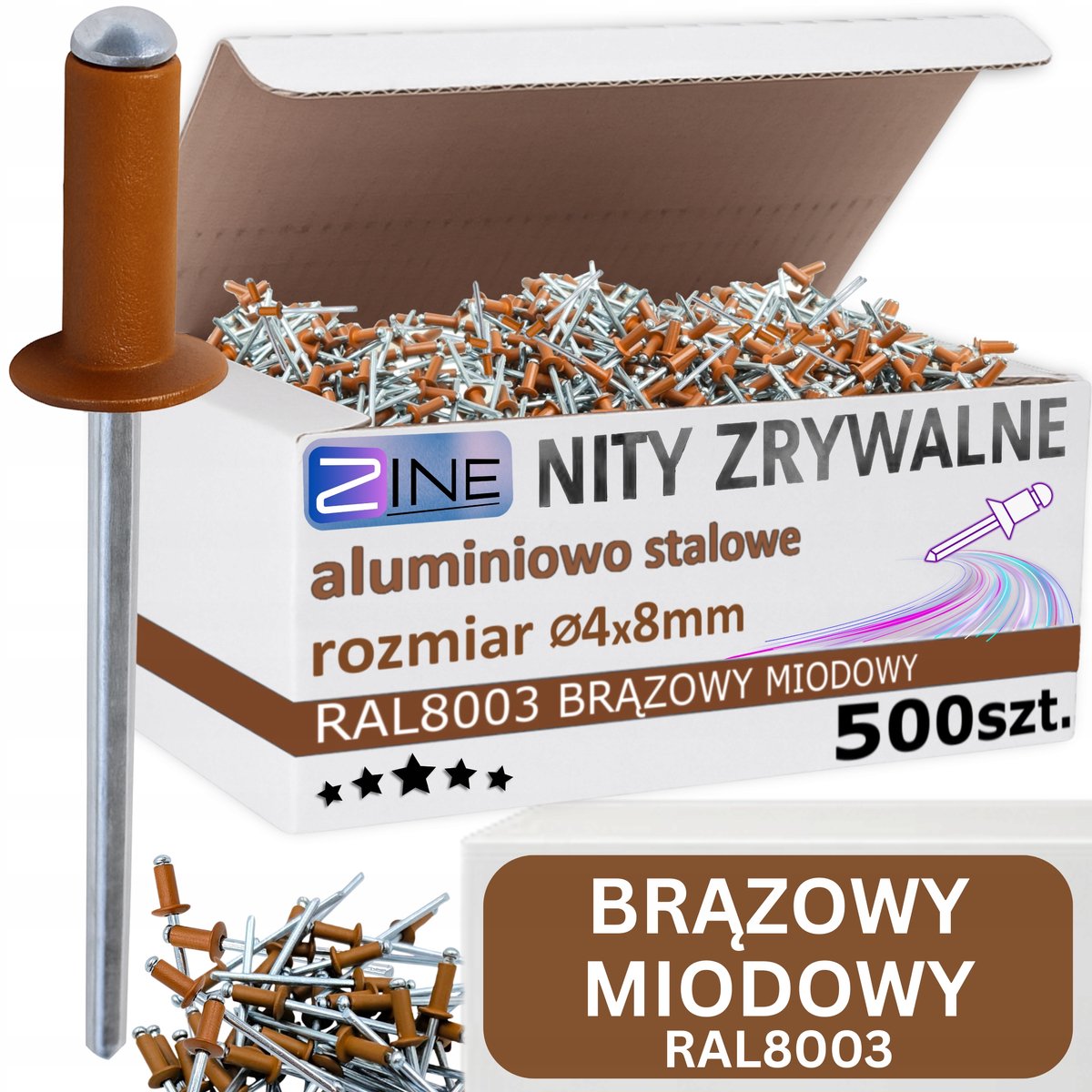 Merkloze Aluminium Blindklinknagels 4x8mm RAL8003 Honingbruin 500 Stuks