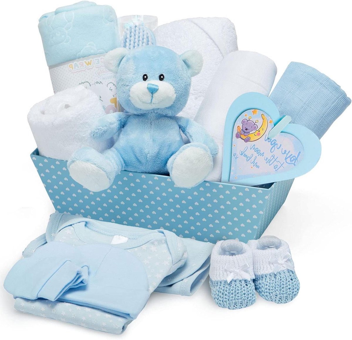 Babyshower Cadeaumand - Kraamcadeau Set - Cadeau Geven - Compleet Uitgepakt - 30 x 23 x 28.5 cm - Blauw