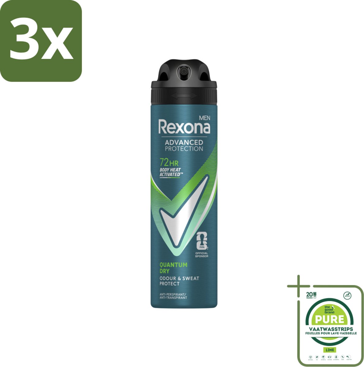 3 x Rexona Men Deodorant Spray Advanced Protection Quantum Dry 150 ml - Grootverpakking - Deodorant Spray - Zweetbestendig - Frisheid - Transpiratiebestendig - Motion Sense