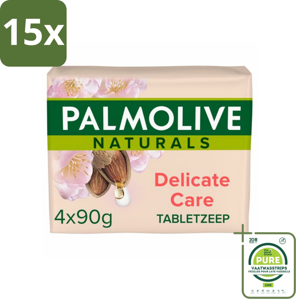 15 x Palmolive Tabletzeep Naturals Amandel Melk 4x 90 gr - Grootverpakking - Huidverzorging - Natuurlijke Toiletzeep - Milde Toiletzeep - Gevoelige Huid - Hydraterende Toiletzeep