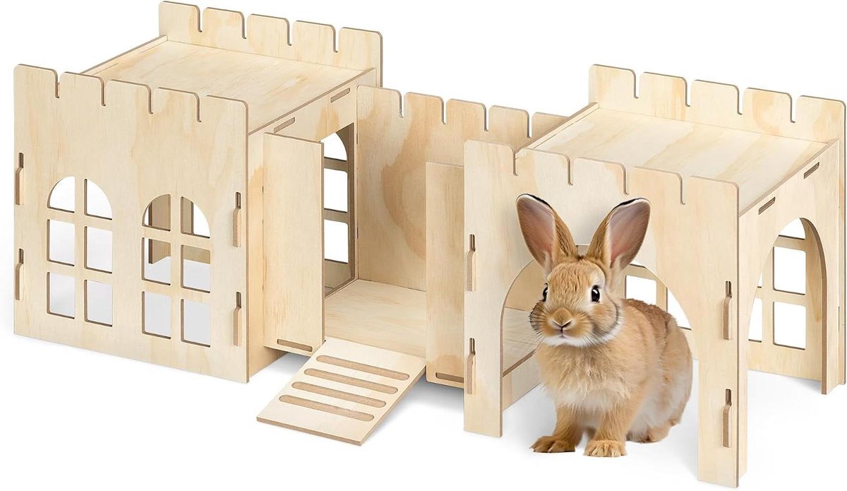 Konijnenkasteel Hout - Speelhuisje Dierenverblijf - Dieren Plezier - Twee Verdiepingen - 69 x 24 x 255 cm - Beige