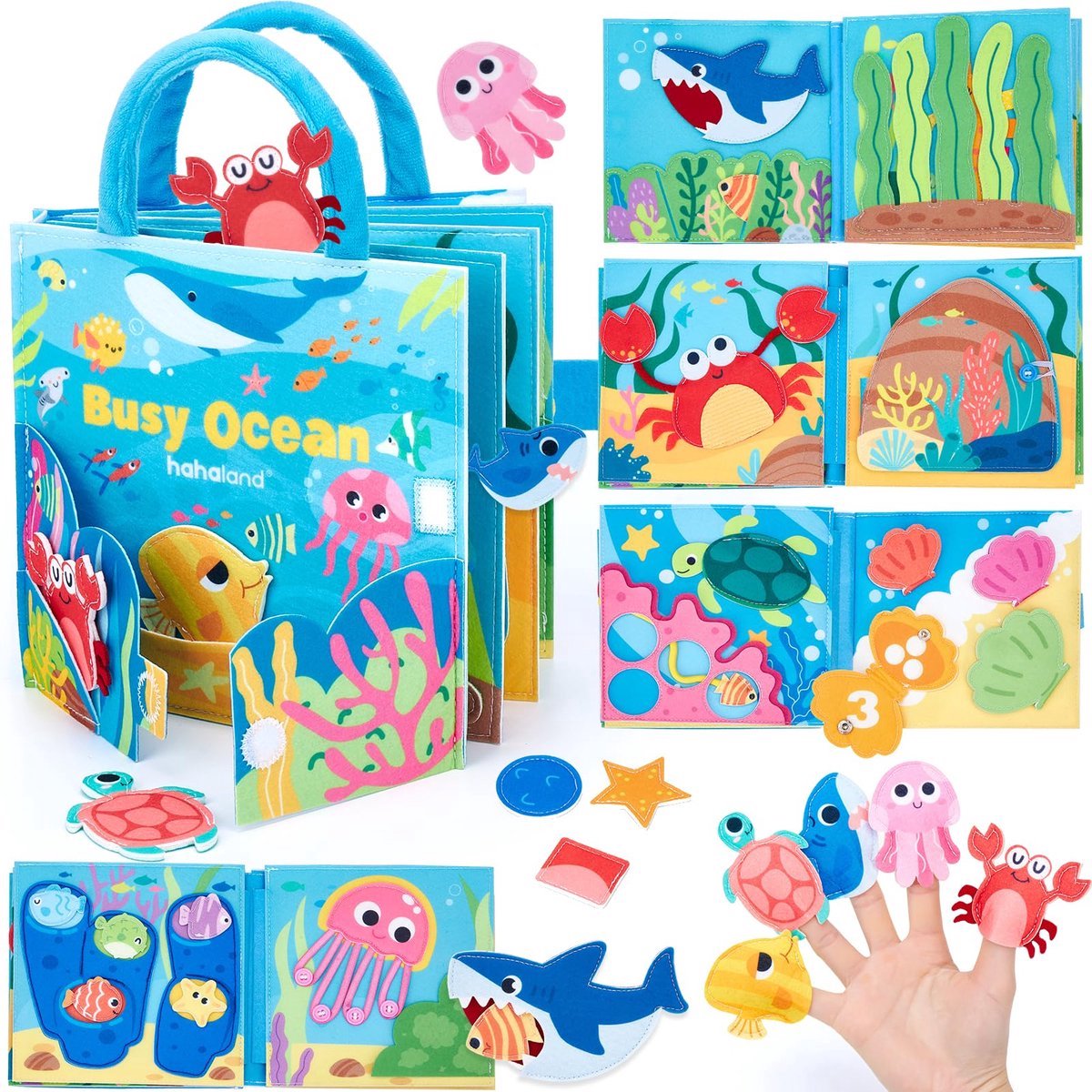 casalora - Ocean Busy Book voor peuters 1-3 jaar – Montessori sensorisch activiteitenbord – Reisspeelgoed voor jongens en meisjes van 1, 2 en 3 jaar – Educatief speelgoed voor fijne motoriek – Verjaardagscadeau voor peuters