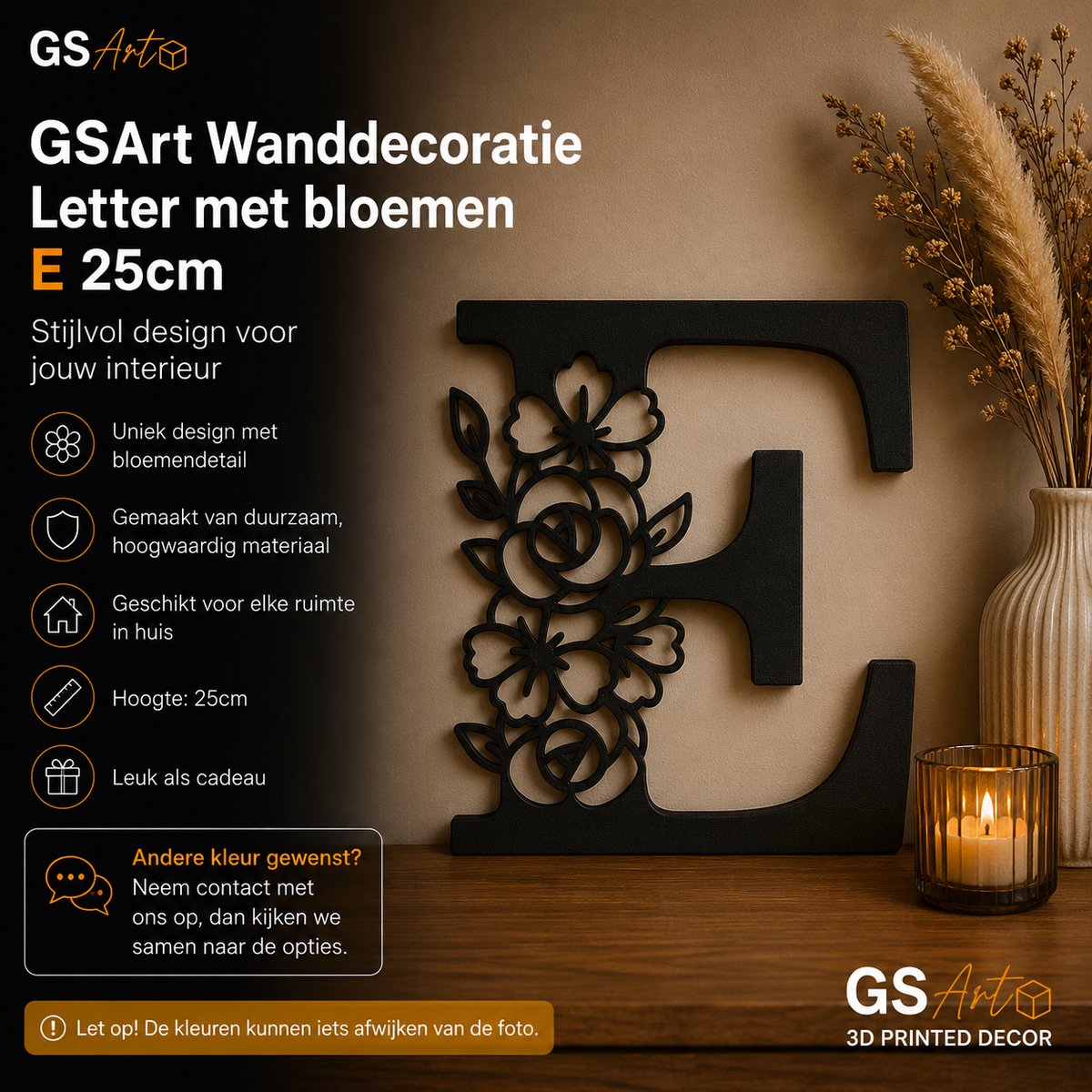 GSArt Wanddecoratie Letter met Bloemen – 25 cm - E