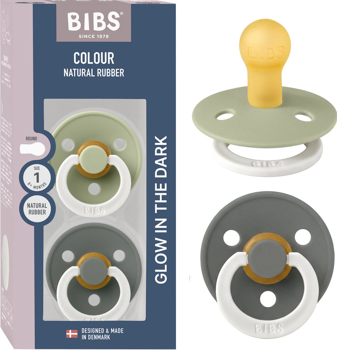 BIBS Colour Glow Fopspeen - 0-6 mnd - 2-pack - Rond - Sage/Pine