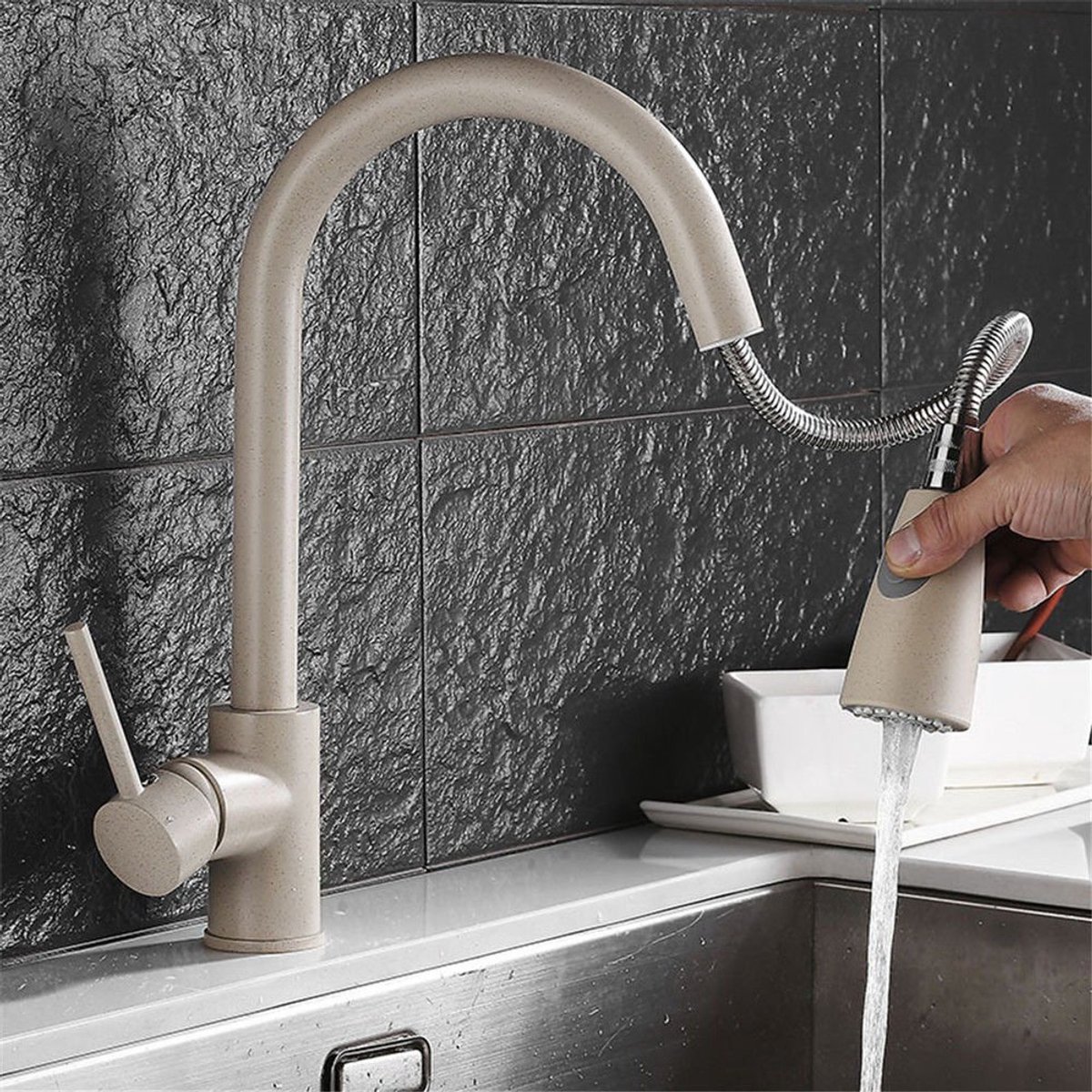 Professionele Keukenwastafel Tap Pull Out Koud Hot Swivel Tuit Haverkleur Basin Mixer Tap Basin Keuken Kraan - ShopVlot