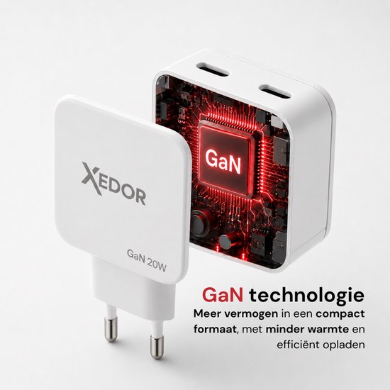 Witte Xedor GaN 20W lader met deels open behuizing die de rode printplaat toont.