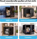 Vier afbeeldingen die de opbergbox tonen met EHBO-set, boeken, medicijnen en cosmetica. Allemaal in een zwarte opbergbox.