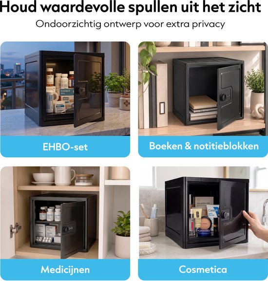 Vier afbeeldingen die de opbergbox tonen met EHBO-set, boeken, medicijnen en cosmetica. Allemaal in een zwarte opbergbox.